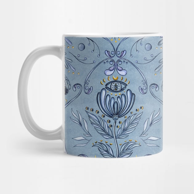 Damask Pattern of Folk Flowers on Deep Blue by paintingbetweenbooks